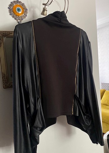 Drapeli Siyah Deri Kadın Ceket - Görsel 3