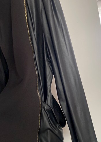 Drapeli Siyah Deri Kadın Ceket - Görsel 2