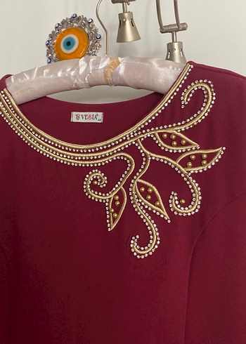 Bordo İşlemeli Uzun Kadın Elbise - Görsel 2