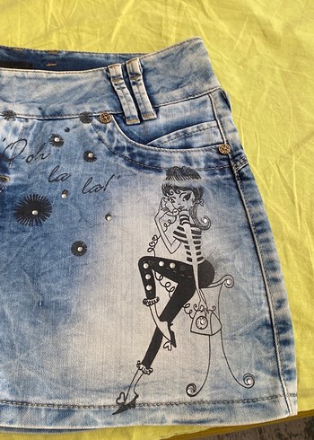 Mavi Baskılı Kot Mini Etek - Görsel 2