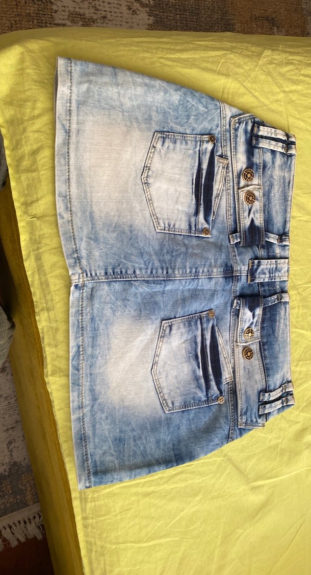 Mavi Baskılı Kot Mini Etek - Görsel 3