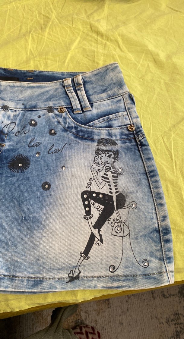 Mavi Baskılı Kot Mini Etek - Görsel 2