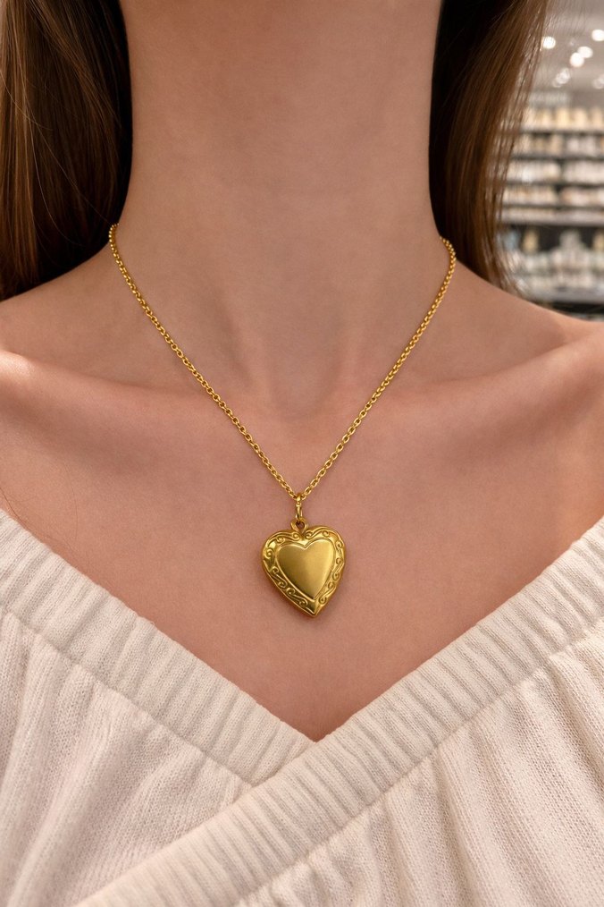 Altın Renkli Kalp Detaylı Zincir Kolye - Görsel 2