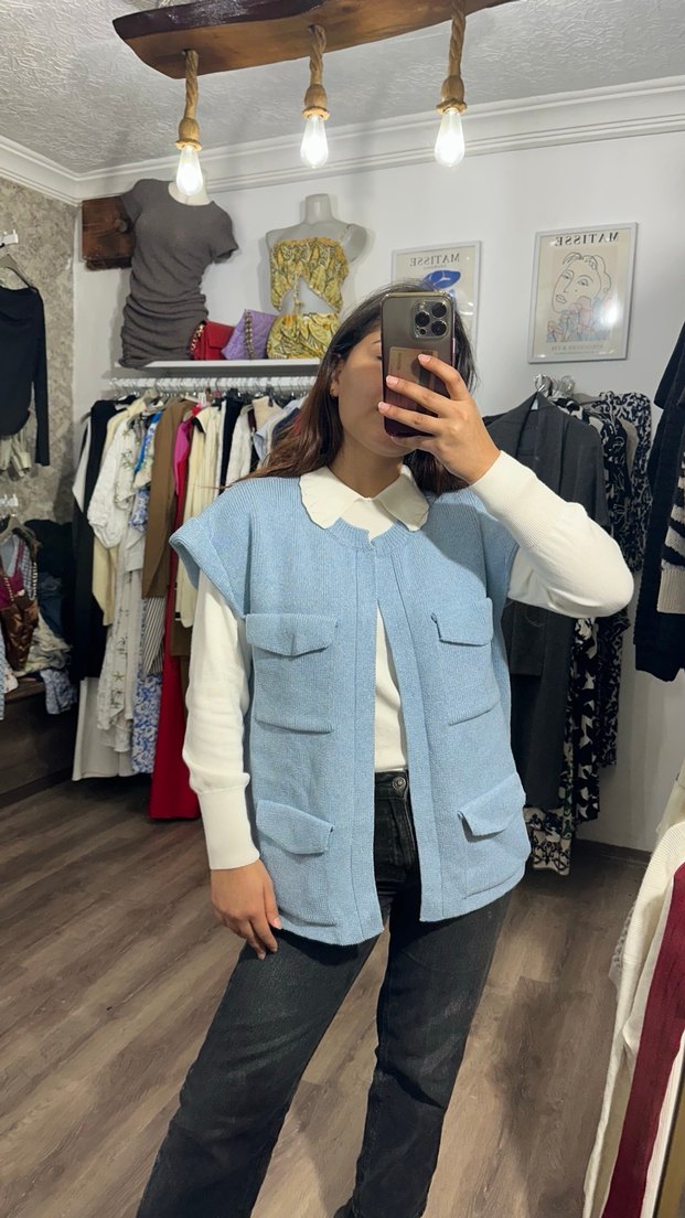 Mavi Düğmeli Kolsuz Kadın Süveter - Görsel 2