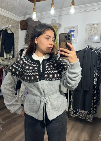 Etnik Desenli Gri Örgü Kadın Hırka - Görsel 2