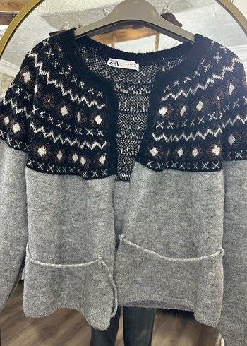 Etnik Desenli Gri Örgü Kadın Hırka - Görsel 5