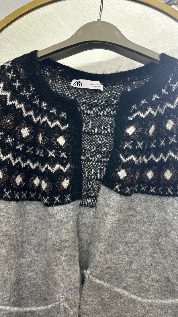 Etnik Desenli Gri Örgü Kadın Hırka - Görsel 4