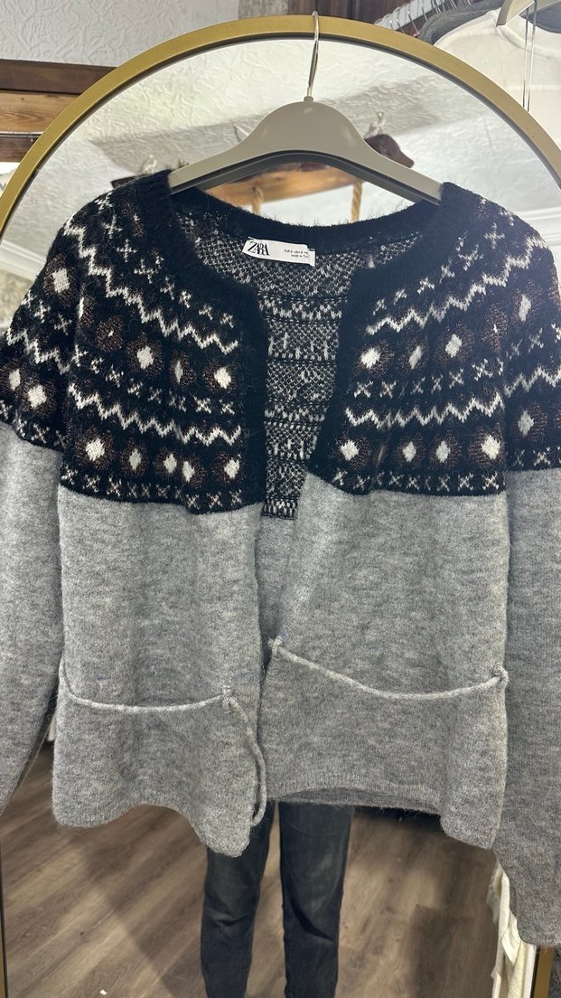 Etnik Desenli Gri Örgü Kadın Hırka - Görsel 5