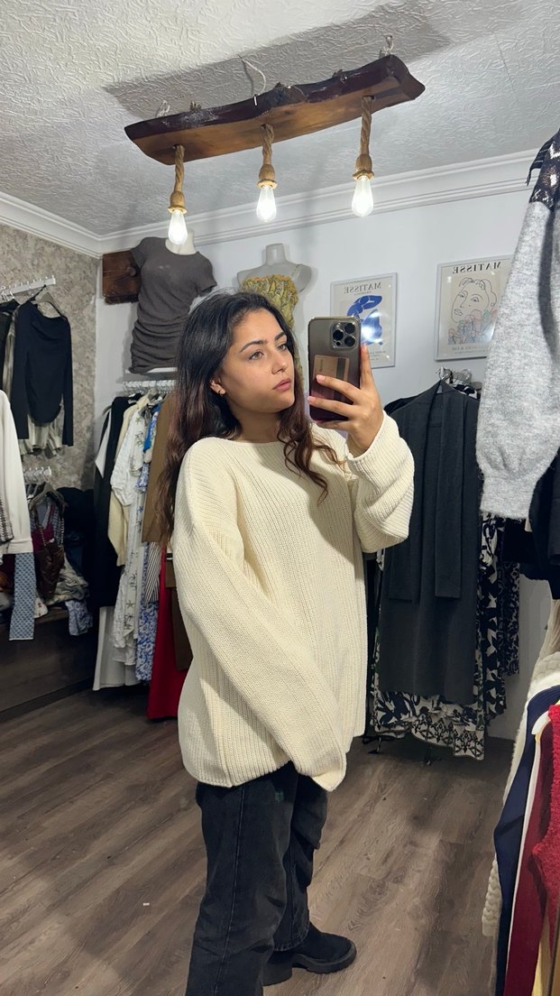 Beyaz Oversize Triko Kadın Kazak - Görsel 2