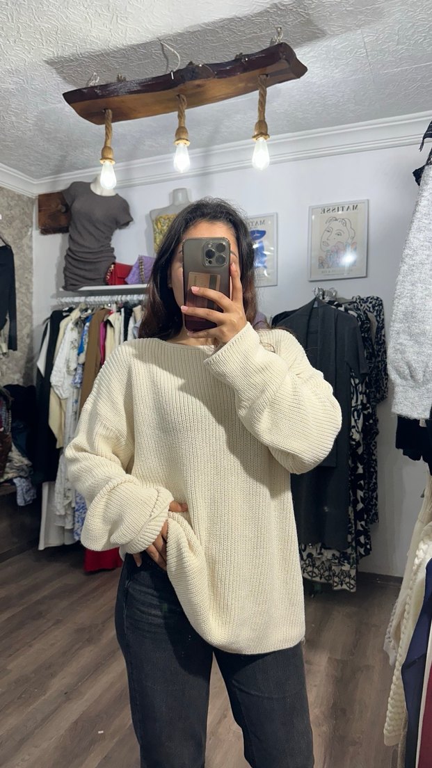 Beyaz Oversize Triko Kadın Kazak - Görsel 5