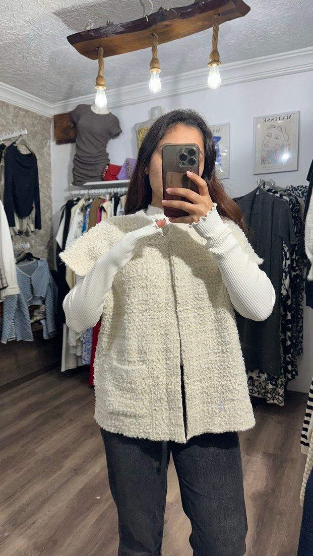 Beyaz Örgü Kadın Midi Kaban - Görsel 5