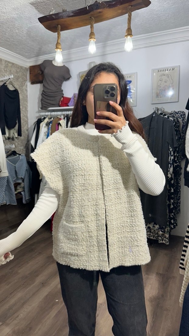 Beyaz Örgü Kadın Midi Kaban - Görsel 4