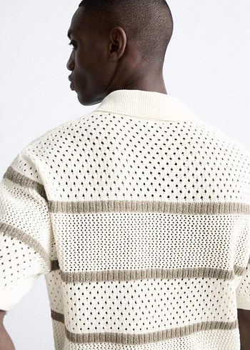 Bej Çizgili Örgü Kısa Kollu Polo Tişört - Görsel 2