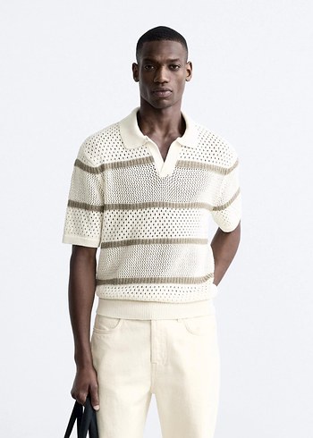 Bej Çizgili Örgü Kısa Kollu Polo Tişört - Görsel 3