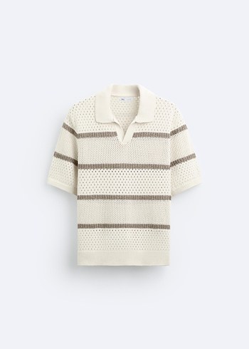 Bej Çizgili Örgü Kısa Kollu Polo Tişört - Görsel 5