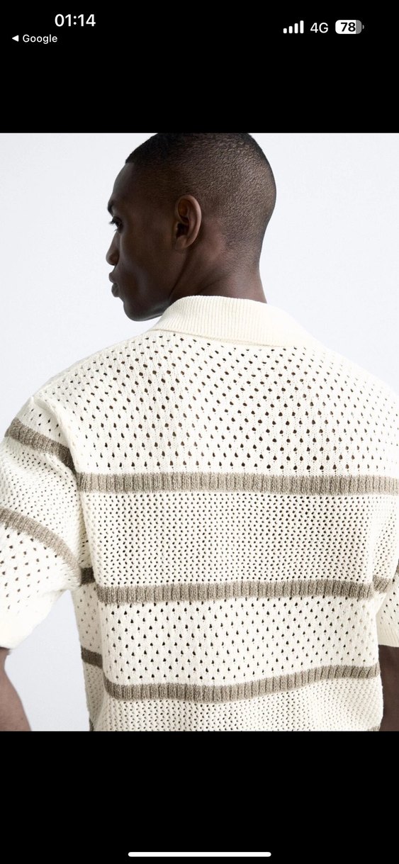 Bej Çizgili Örgü Kısa Kollu Polo Tişört - Görsel 2