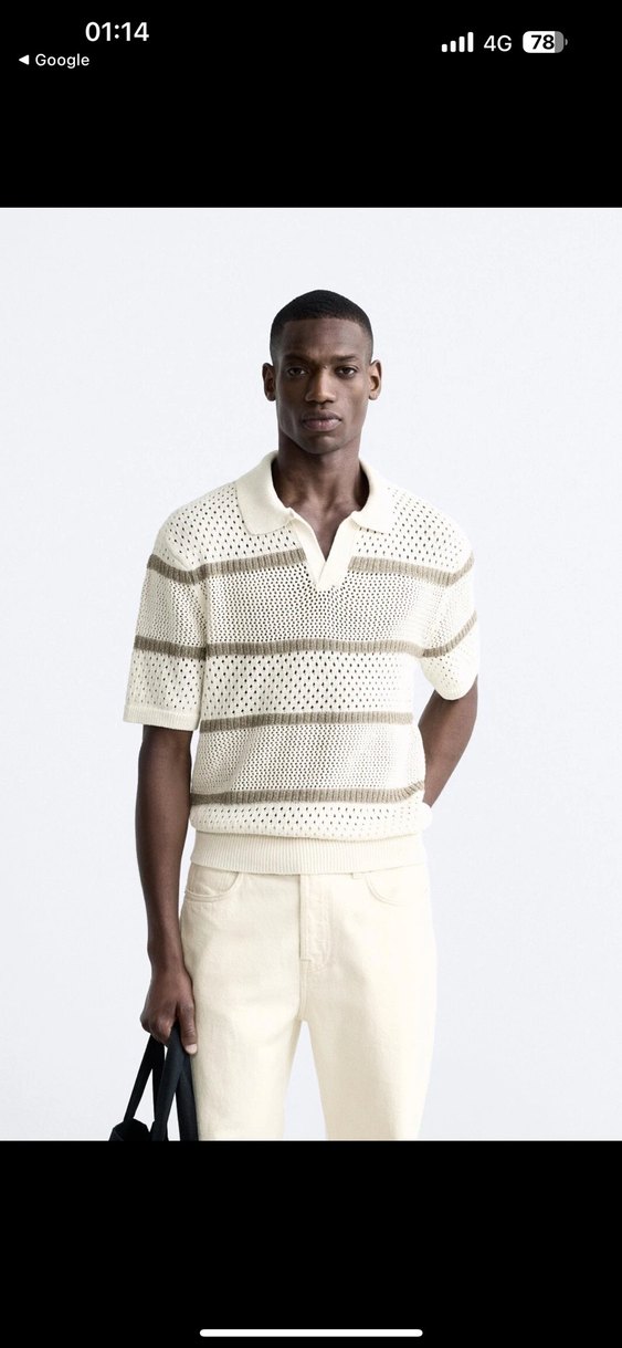 Bej Çizgili Örgü Kısa Kollu Polo Tişört - Görsel 3