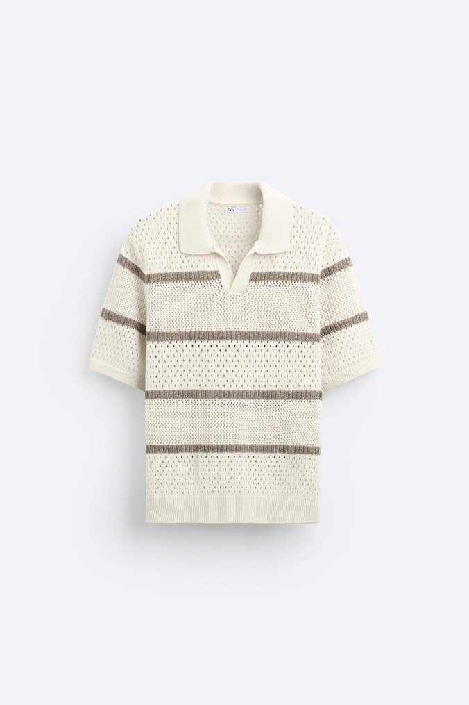 Bej Çizgili Örgü Kısa Kollu Polo Tişört - Görsel 5