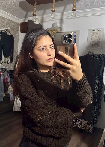 Kahverengi Örgü Kadın Kazak - Görsel 5