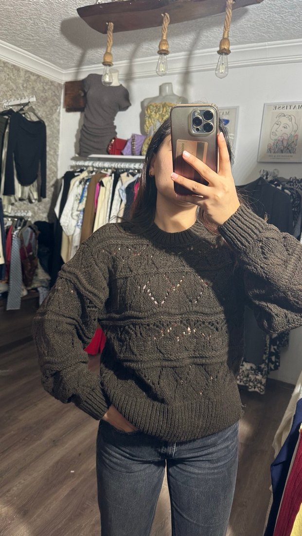 Kahverengi Örgü Kadın Kazak - Görsel 3