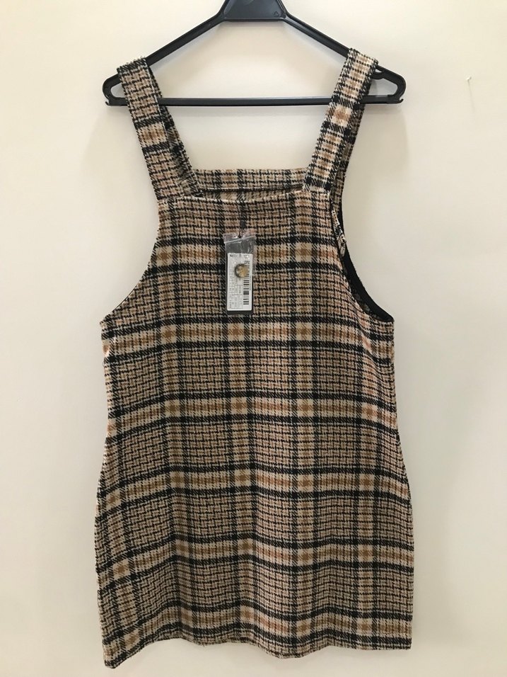 Ekose Desenli Kahverengi Kadın Kısa Salopet - Görsel 2