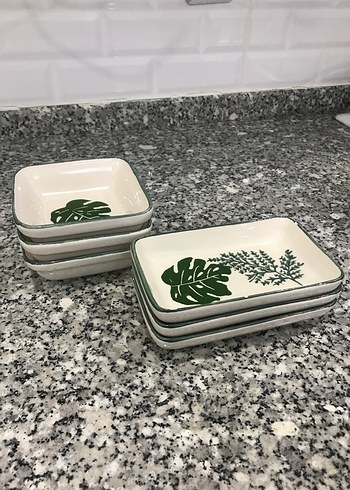 6lı Yeşil Yaprak Desenli Seramik Çerezlik Kahvaltılık - Görsel 7