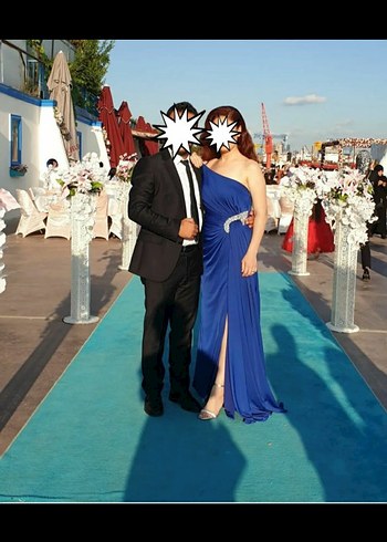 Mavi Drapeli Uzun Abiye Elbise