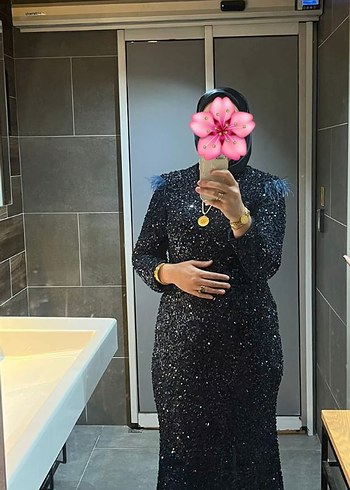 Abiye lacivert pullu simli kadın tesettür abiye