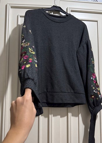 Nakışlı Gri Kadın Örgü Uzun Kollu Sweatshirt - Görsel 2