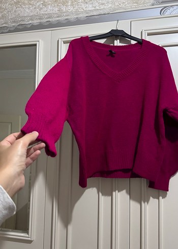 Fuşya V Yaka Örgü Kadın Kazak - Görsel 2