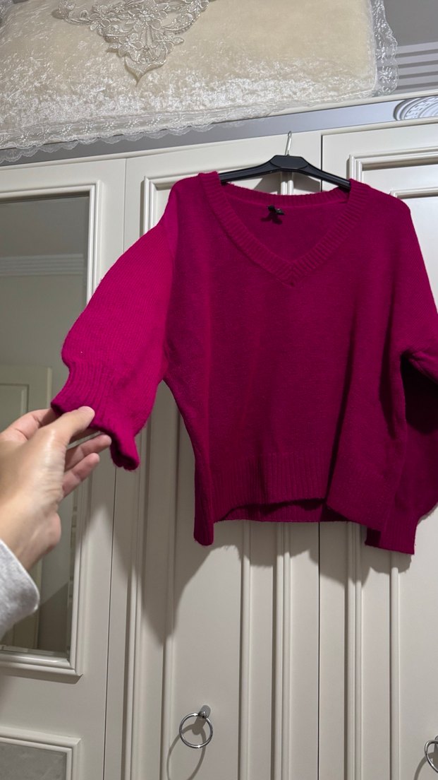 Fuşya V Yaka Örgü Kadın Kazak - Görsel 2