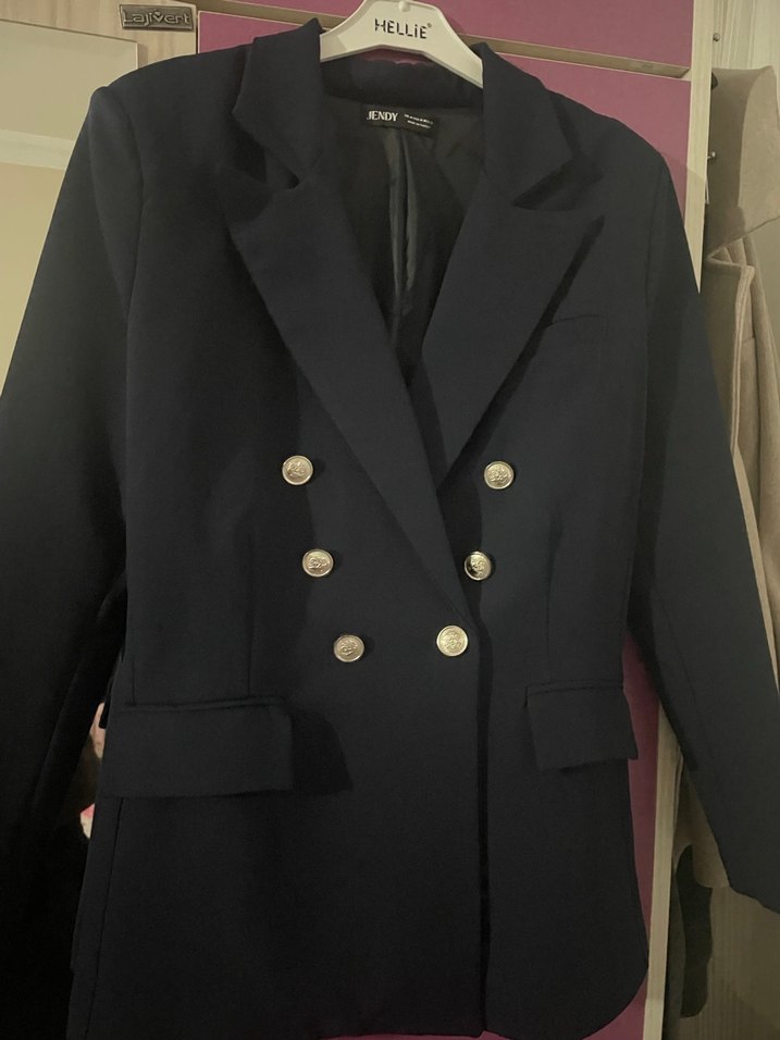 Düğmeli Koyu Mavi Kadın Blazer Ceket - Görsel 4