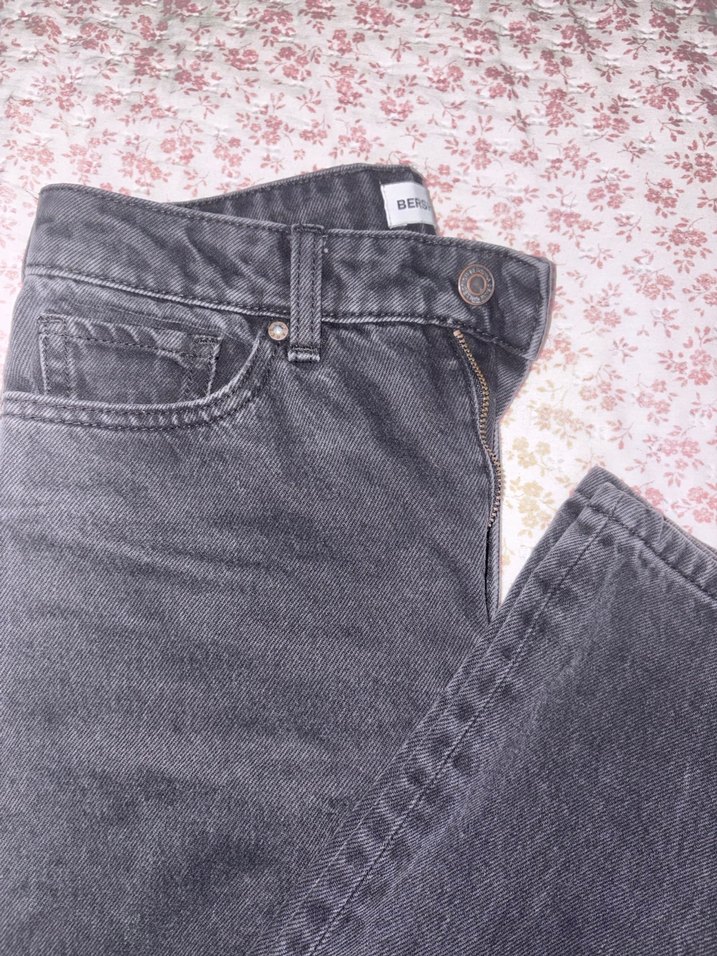 Bershka Gri Baskılı Fermuarlı Kadın Kot Pantolon - Görsel 2