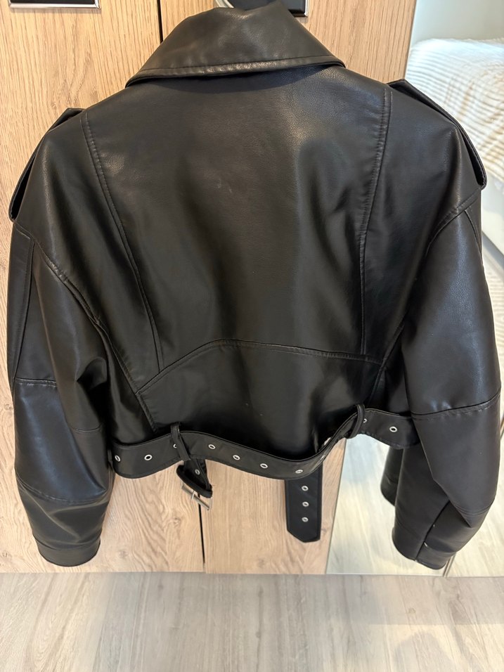 Kadın Siyah Deri Kısa Biker Ceket - Görsel 3