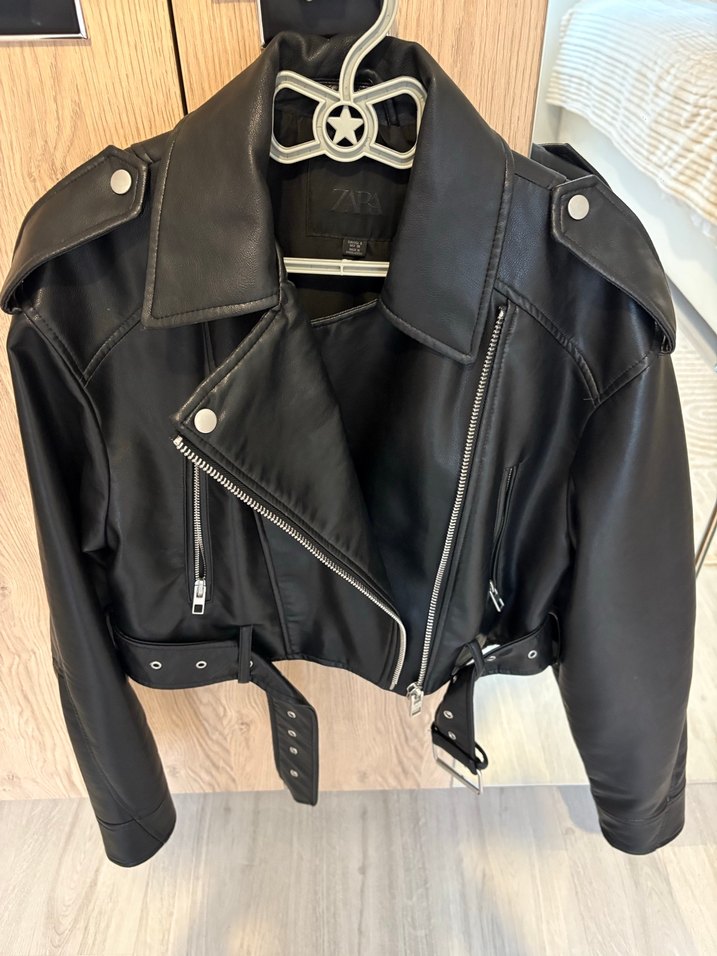 Kadın Siyah Deri Kısa Biker Ceket - Görsel 2