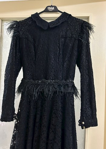 Kürk Detaylı Siyah Uzun Gotik Elbise