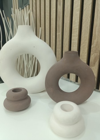 Kahve ve Beyaz Dekoratif Seramik Vazo Seti - Görsel 2