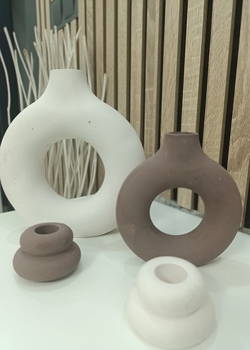 Kahve ve Beyaz Dekoratif Seramik Vazo Seti - Görsel 3