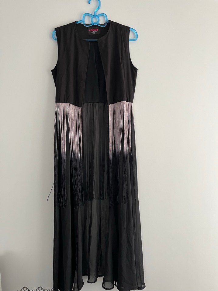 Püsküllü Uzun Siyah Kadın Elbise - Görsel 2