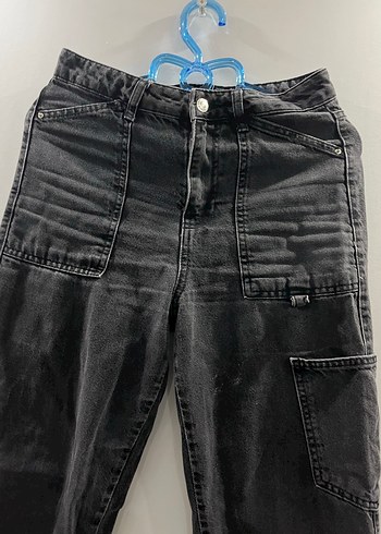 Siyah Bol Kesim Midi Kot Pantolon cepli - Görsel 2