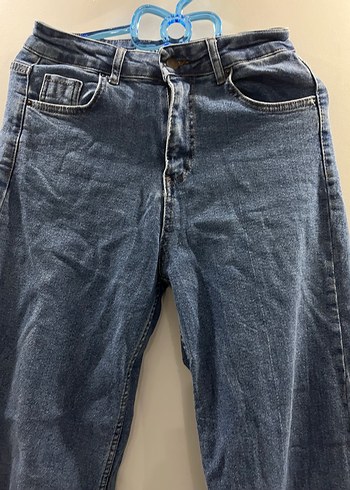 Kadın Mavi Kemerli Geniş Paça Midi Kot Pantolon - Görsel 3