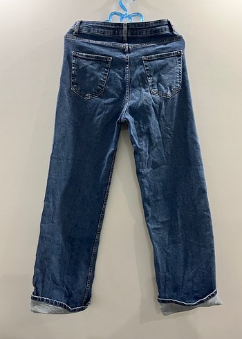 Kadın Mavi Kemerli Geniş Paça Midi Kot Pantolon - Görsel 4