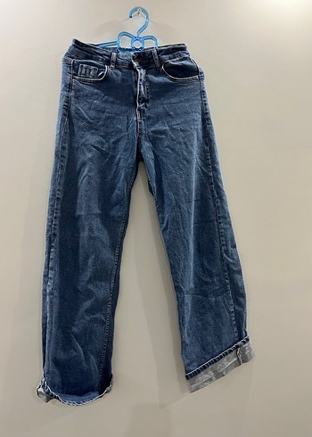 Kadın Mavi Kemerli Geniş Paça Midi Kot Pantolon - Görsel 2