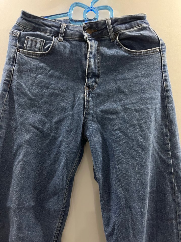 Kadın Mavi Kemerli Geniş Paça Midi Kot Pantolon - Görsel 3