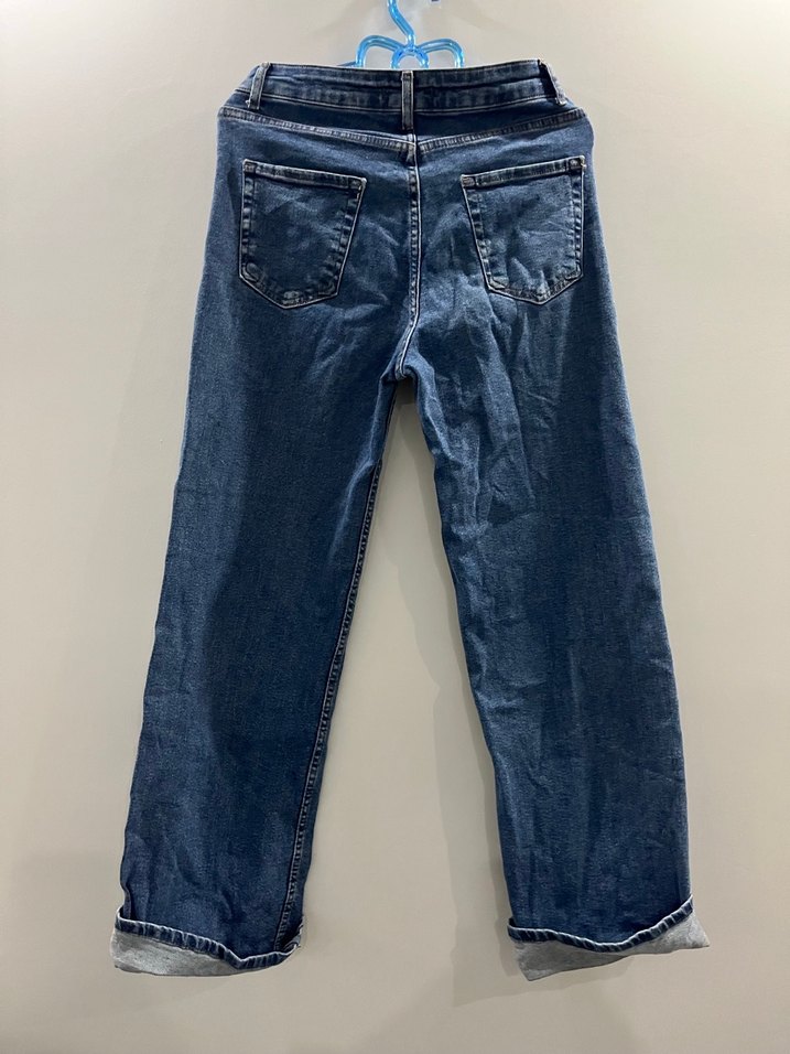 Kadın Mavi Kemerli Geniş Paça Midi Kot Pantolon - Görsel 4