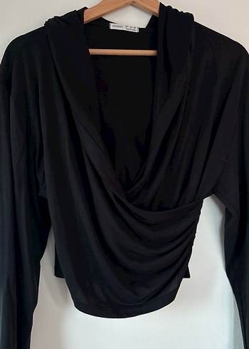 Siyah Drapeli Kayık Yaka crop Bluz - Görsel 3