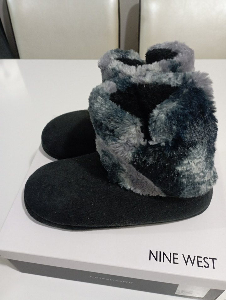 Kızlar için Gri Kürklü Bağlamalı Desenli Sıcak Terlik - Görsel 2