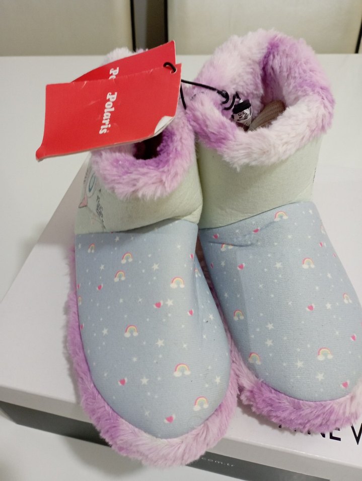 Kız Çocuk Mor Kürklü Renkli Ev Terliği - Görsel 4