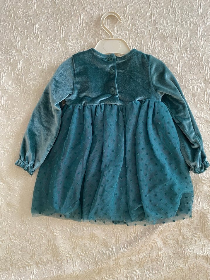 Uzun Kollu Fırfırlı Turkuaz Kız Elbise - Görsel 2