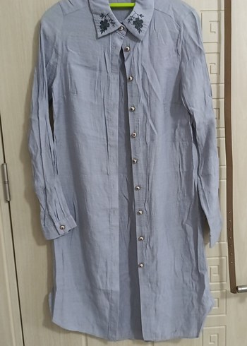 Nakışlı Gri Uzun Kollu Polyester Kadın Gömlek